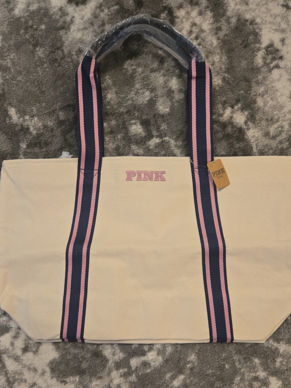 PINK Victoria's Secret Cream Canvas Tote with Navy & Pink Straps